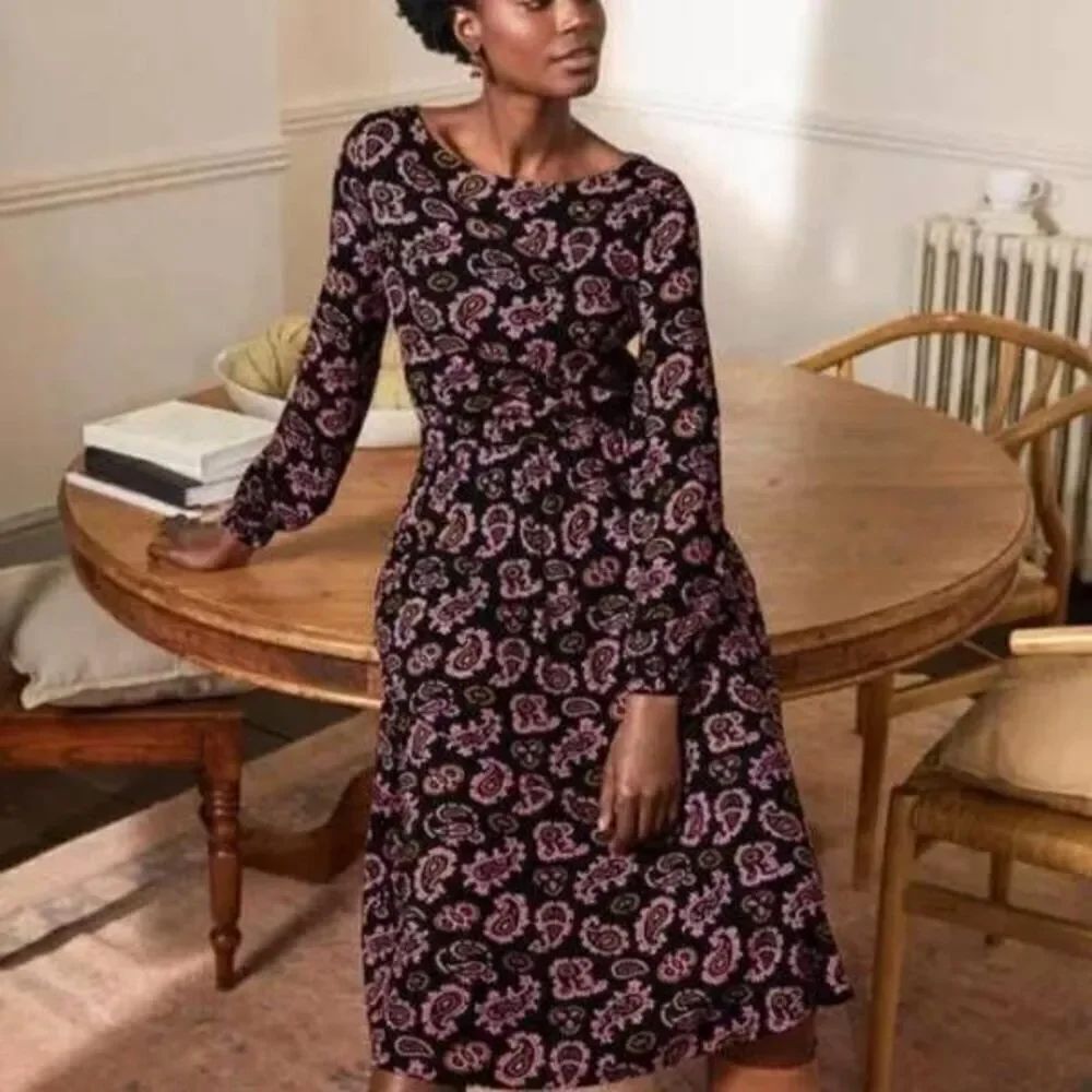 BODEN Evelyn Jersey Midi Dress Azalea Intricate Paisley Pink Black sz 6R